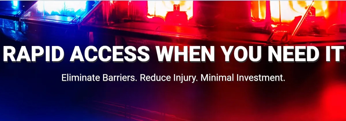 Emergency vehicles with flashing lights and a text overlay emphasizing "RAPID ACCESS WHEN YOU NEED IT" for quick response services.