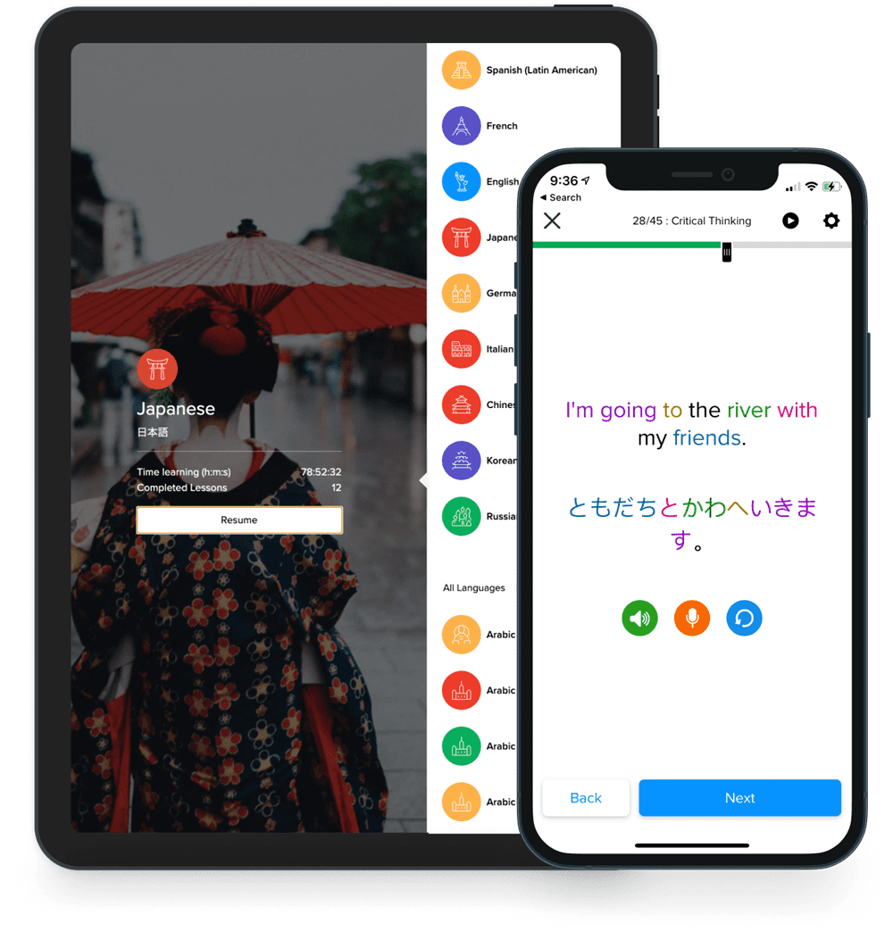 Tablet and smartphone showing a language learning app interface with lesson progress and a translation exercise.