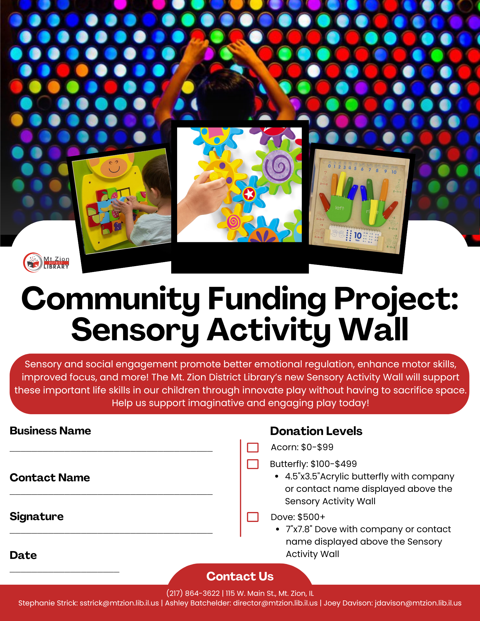 Fundraiser for Mt. Zion Library’s Sensory Activity Wall: support emotional, social skills & play. Donation levels listed.