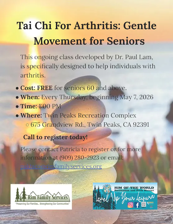 Tai Chi class for seniors 60+, free, every Thursday starting May 7, 2026, at Twin Peaks Recreation. Register with Patricia.