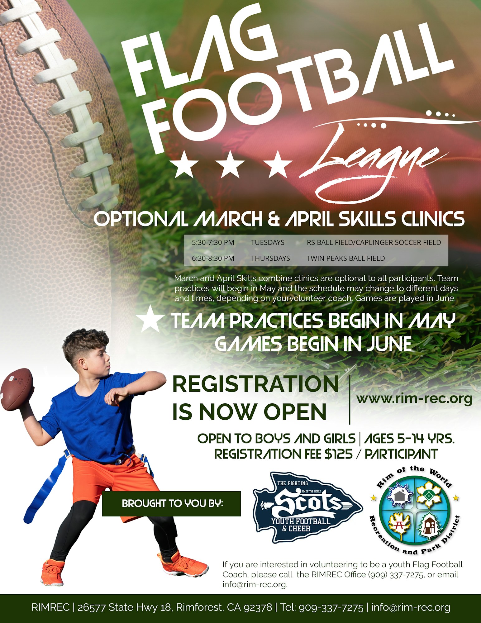 A flyer for a youth flag football league with registration info, a child holding a football, and contact details.