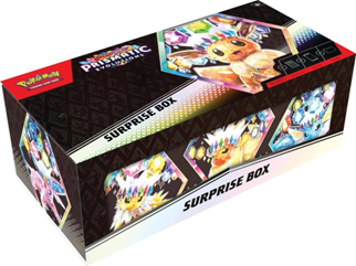 A Pokémon Surprise Box from the Pokémon TCG: Prismatic series, featuring Eevee with a colorful design.