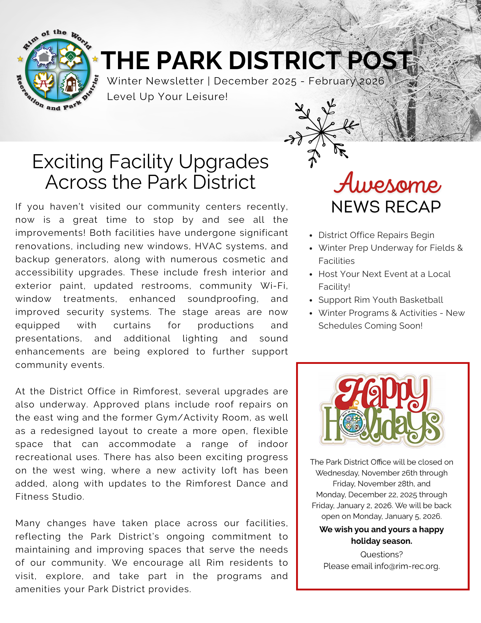 The Park District's winter newsletter highlights facility upgrades, winter events, and holiday office closures.