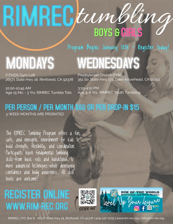RIMREC Tumbling for kids starts January 12. Classes on Mondays & Wednesdays, ages 15 months to 8 years. Register online!