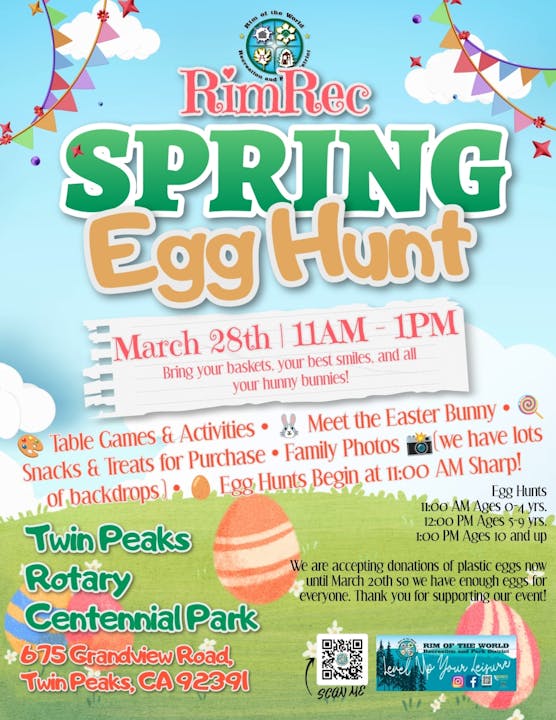 Join the RimRec Spring Egg Hunt on March 28th, 11 AM - 1 PM at Twin Peaks Rotary Centennial Park. Fun activities await!