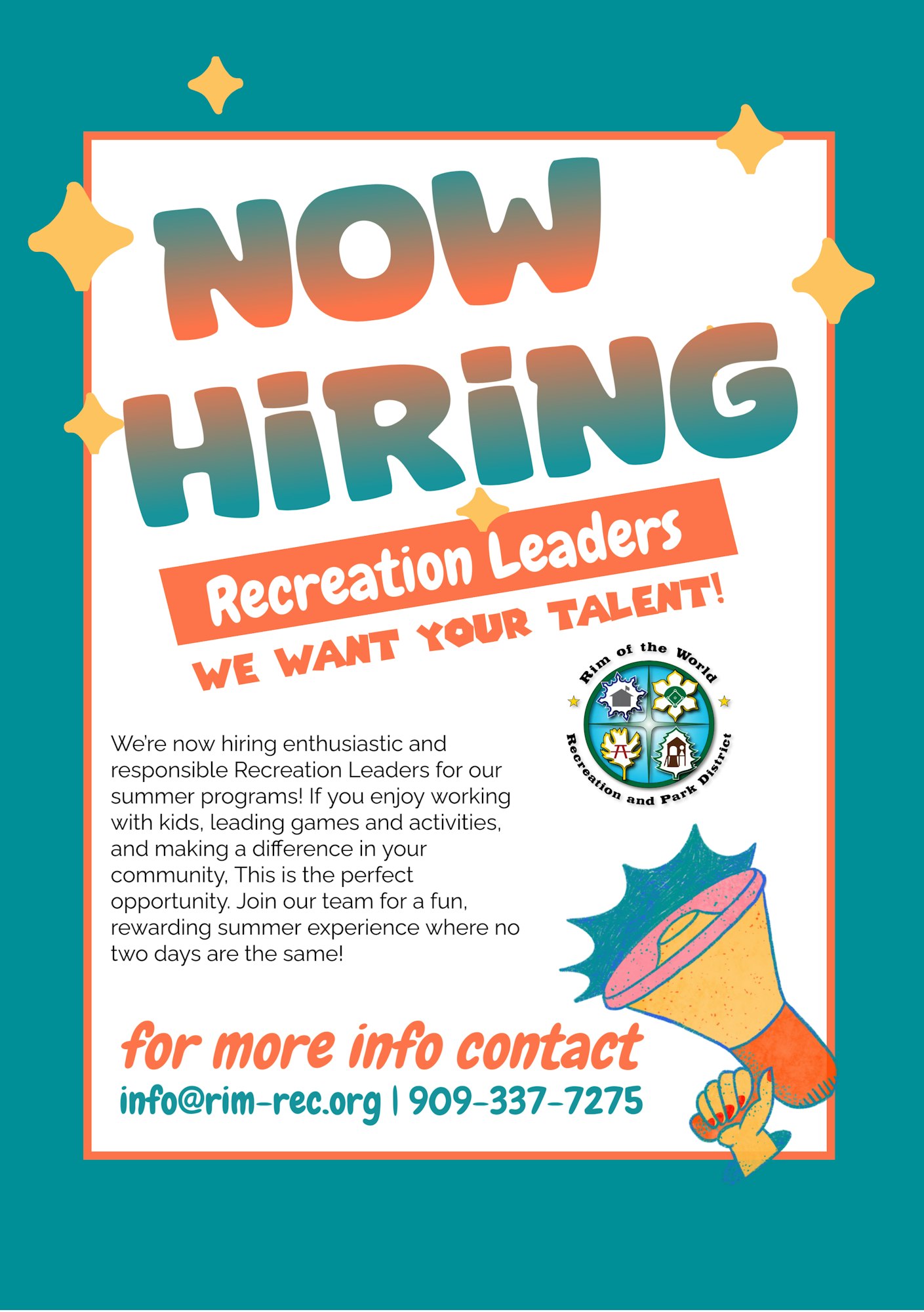 Now hiring Recreation Leaders for summer. Enjoy working with kids? Contact info@rim-rec.org or 909-337-7275. Fun awaits!