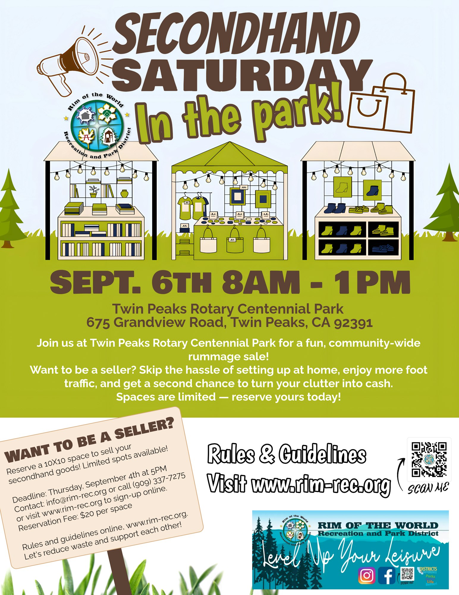 Secondhand Saturday event at Twin Peaks Rotary Centennial Park on Sept. 6th, 8AM-1PM. Reserve space at www.rim-rec.org.