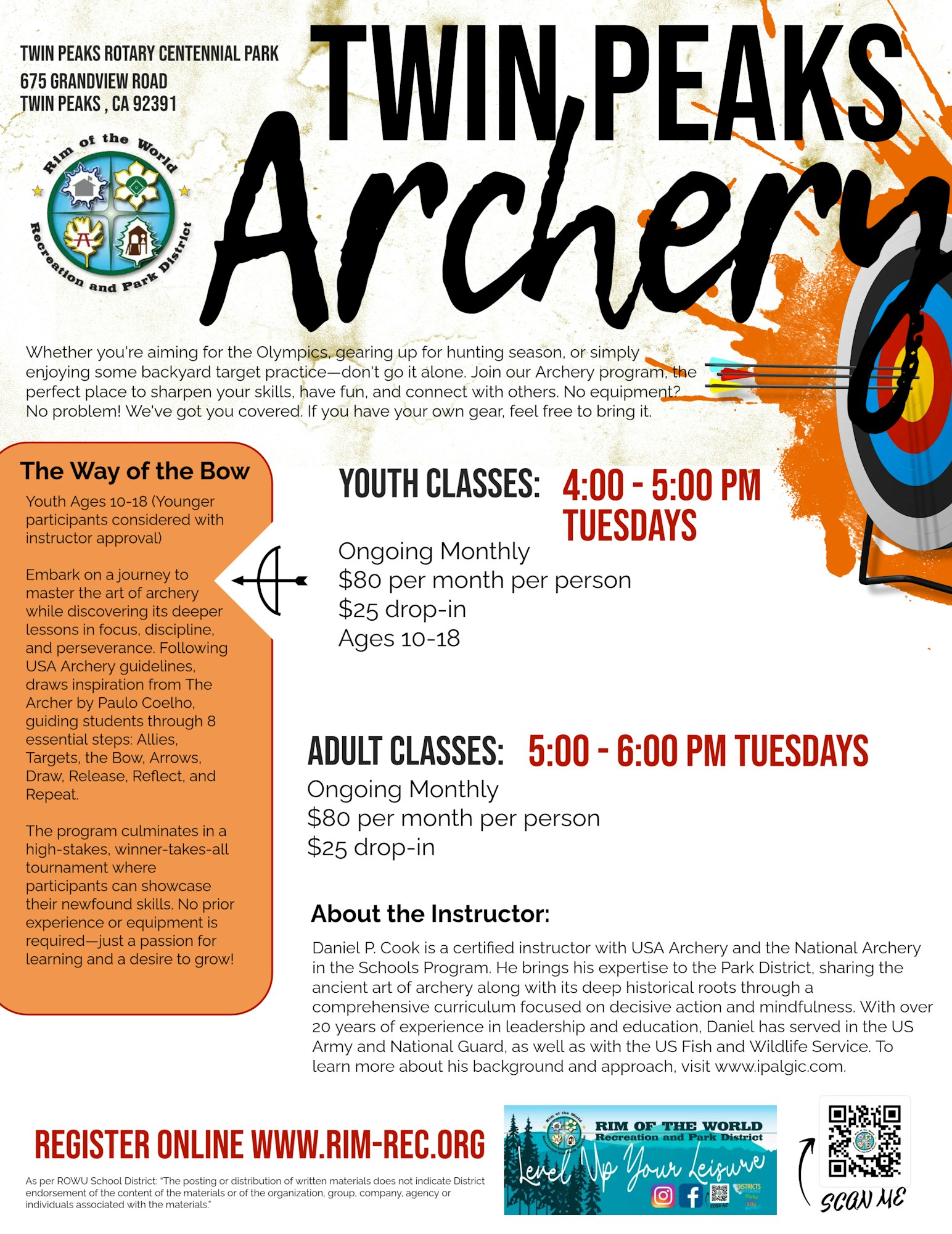 Twin Peaks Archery offers youth (ages 10-18) and adult classes on Tuesdays. Monthly fees are $80, drop-ins $25. No equipment needed!