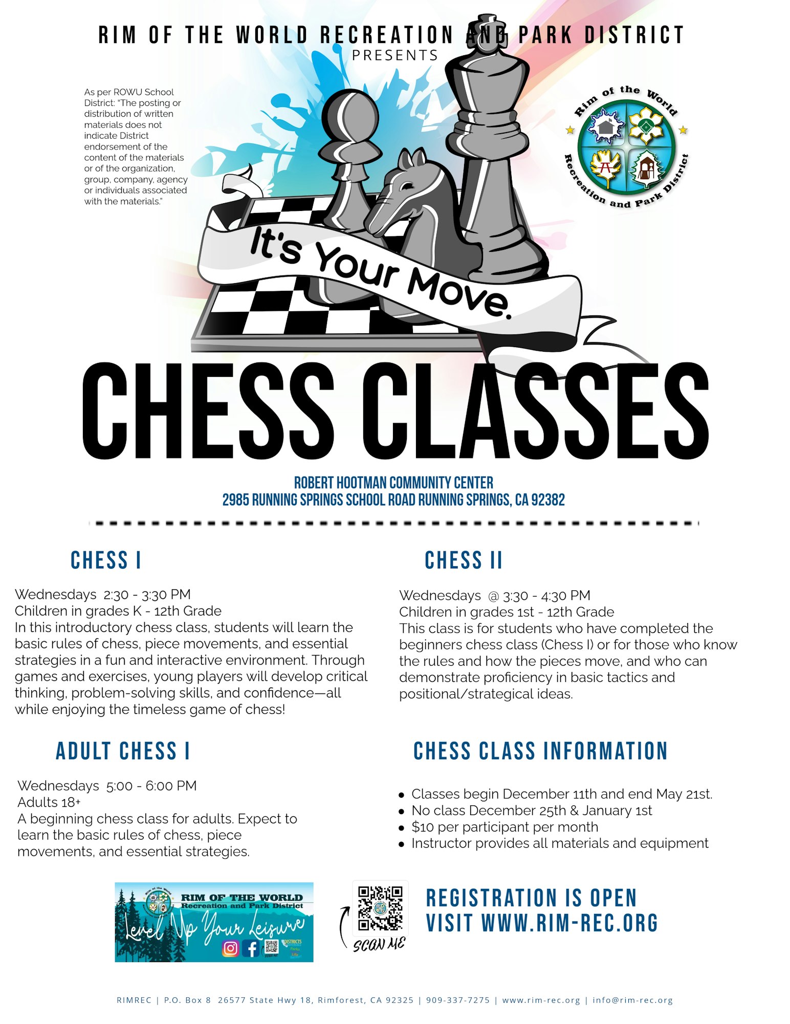 A poster for chess classes for different levels and ages, including registration and schedules.