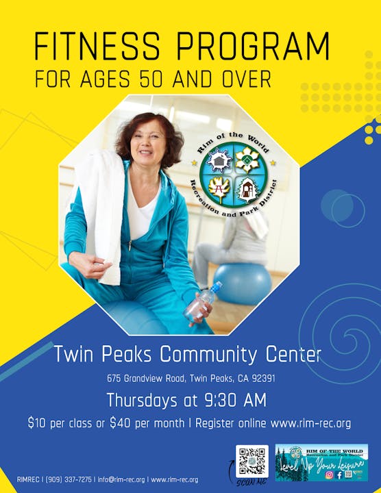 Fitness program for ages 50+ at Twin Peaks Community Center, Thursdays 9:30 AM, $10/class or $40/month. Register at rim-rec.org.