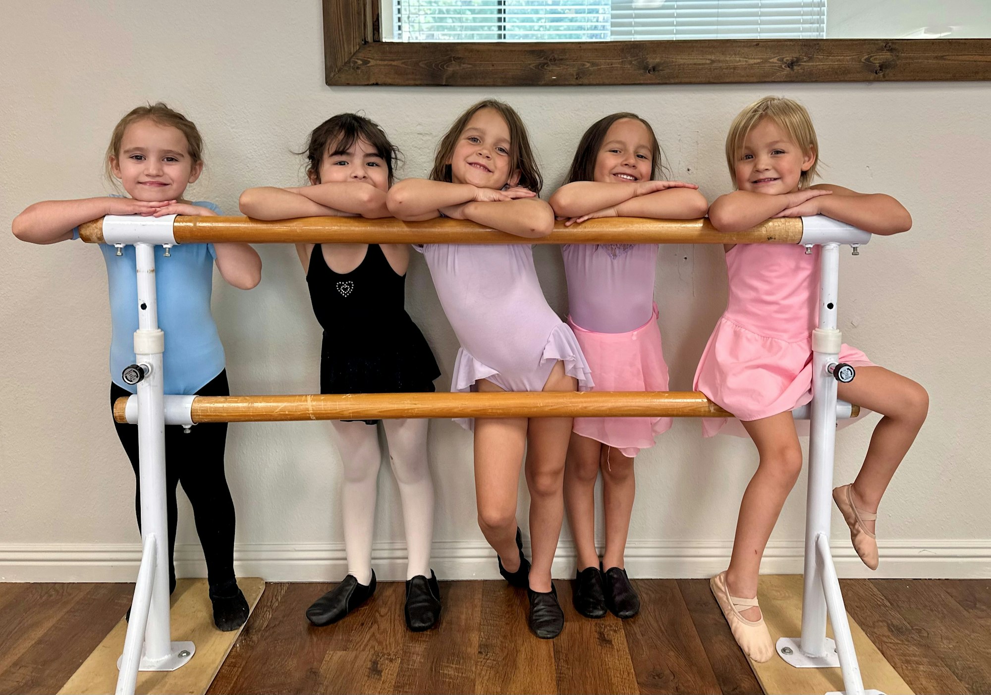 Five children in ballet attire pose at a dance barre.