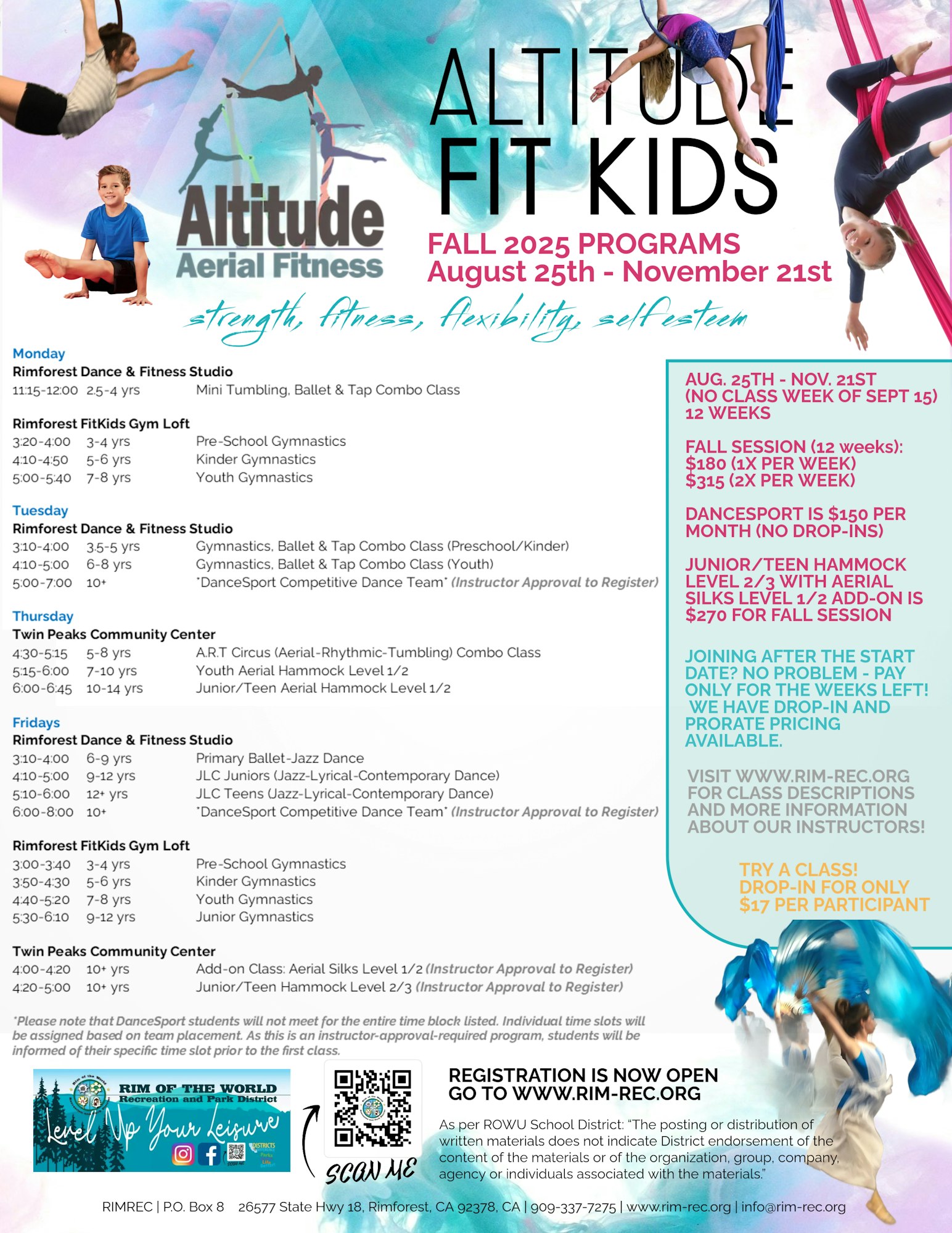 Altitude Fit Kids Fall 2025 programs, August 25-November 21; gymnastics, dance, aerial classes for ages 3-18, registration details included.