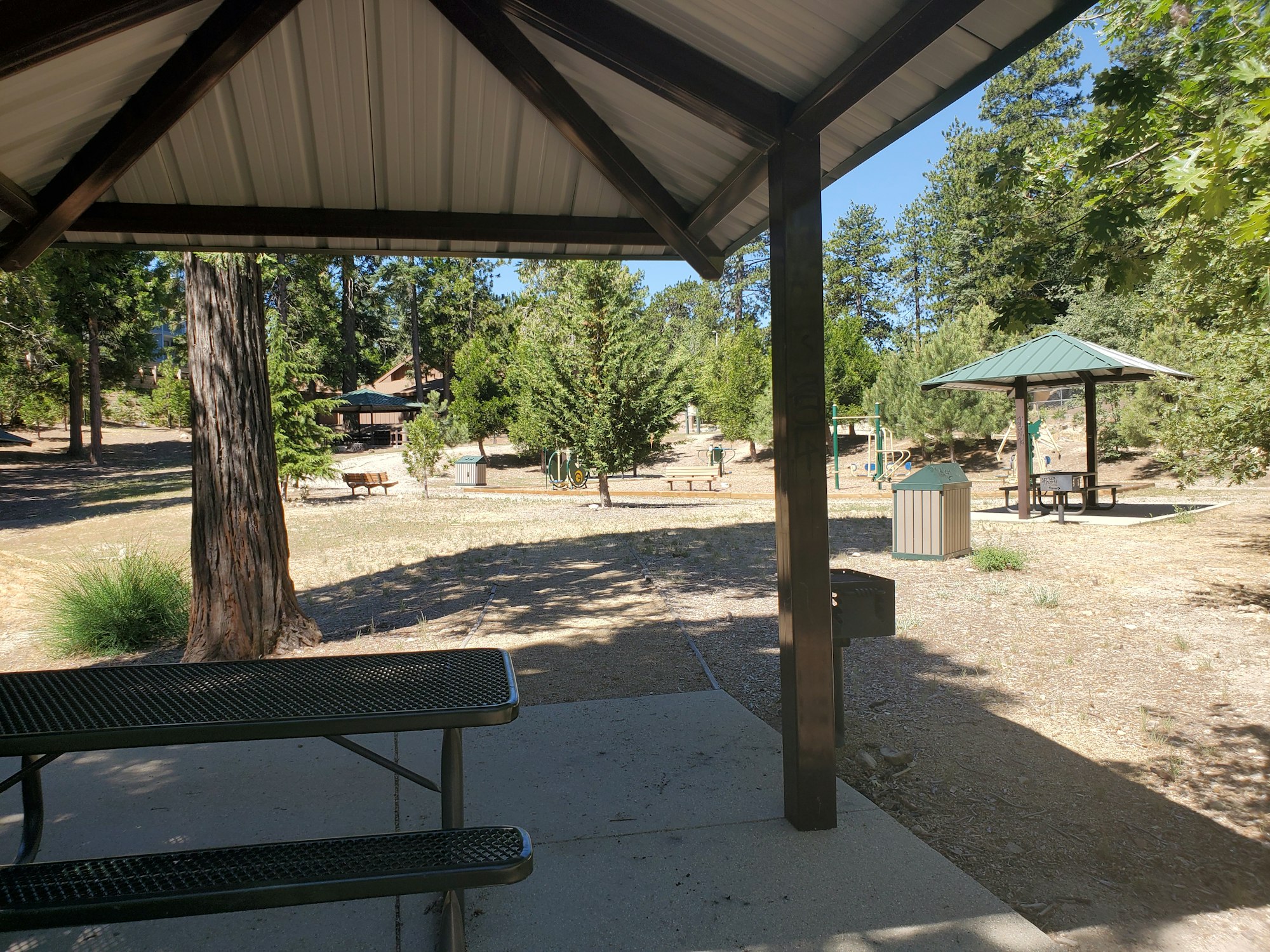 A picnic area with metal tables, surrounded by trees, benches, a playground, and trash bins in a serene outdoor setting.