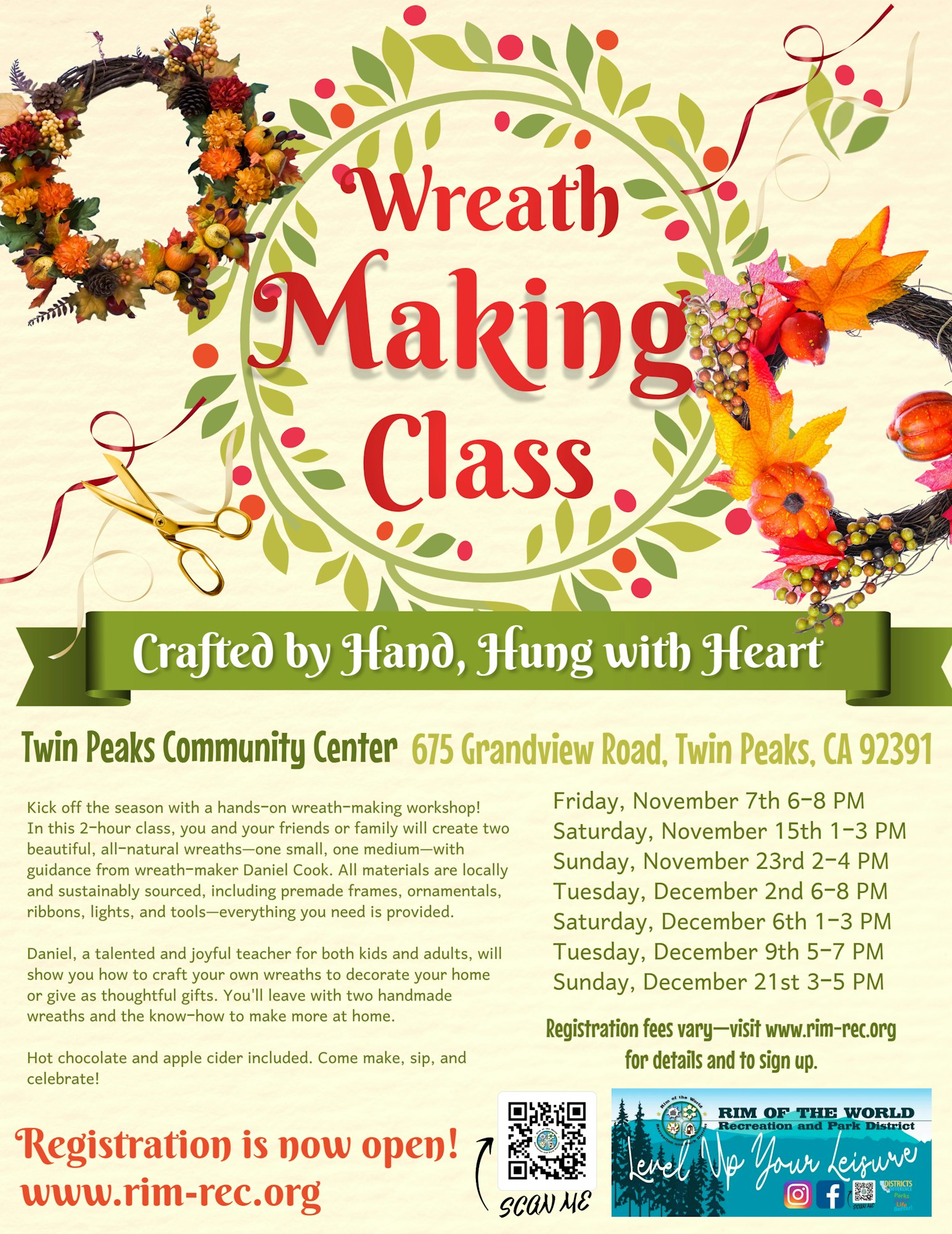 Wreath Making Class flyer with dates, location (Twin Peaks Community Center), and registration info at www.rim-rec.org.