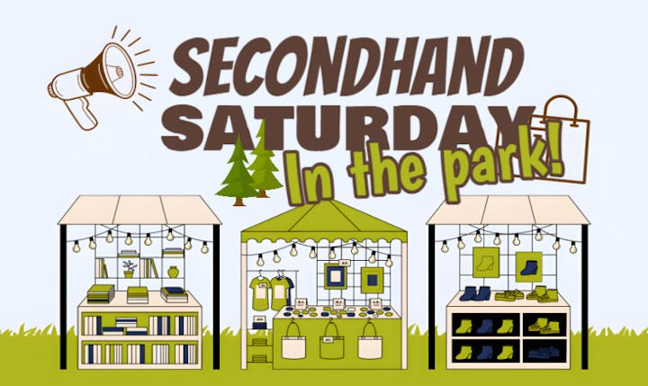Secondhand Saturday event in the park, featuring three stalls with books, clothing, and accessories.
