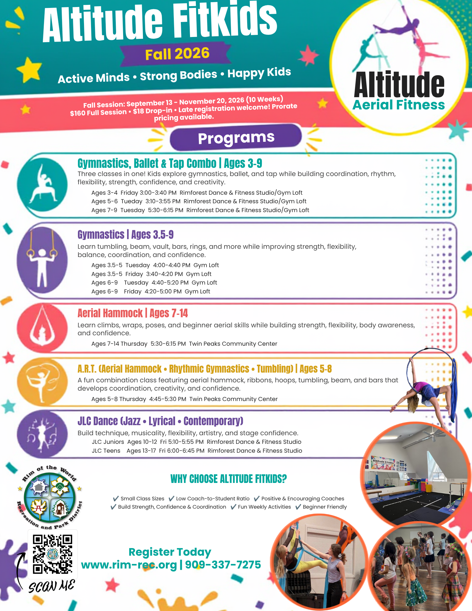 Altitude Fitkids offers various fall 2026 programs for ages 3-17, including gymnastics, dance, and aerial skills to promote fitness and confidence.