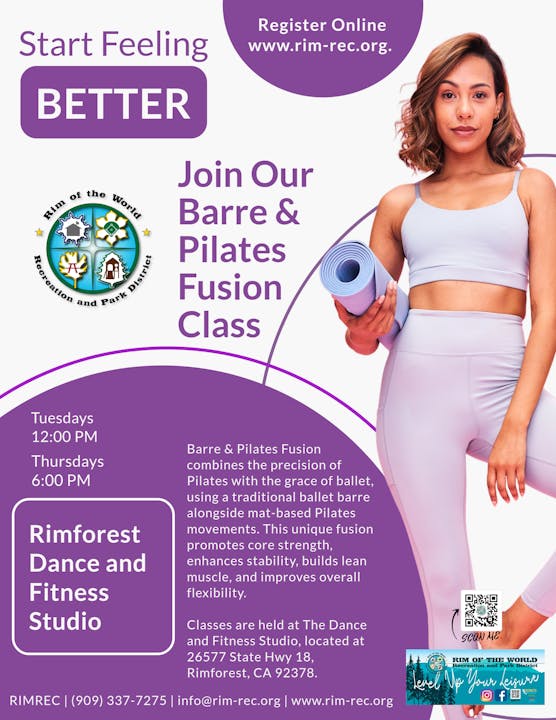 Promotion for Barre & Pilates Fusion classes at Rimforest Dance and Fitness Studio. Register at www.rim-rec.org.