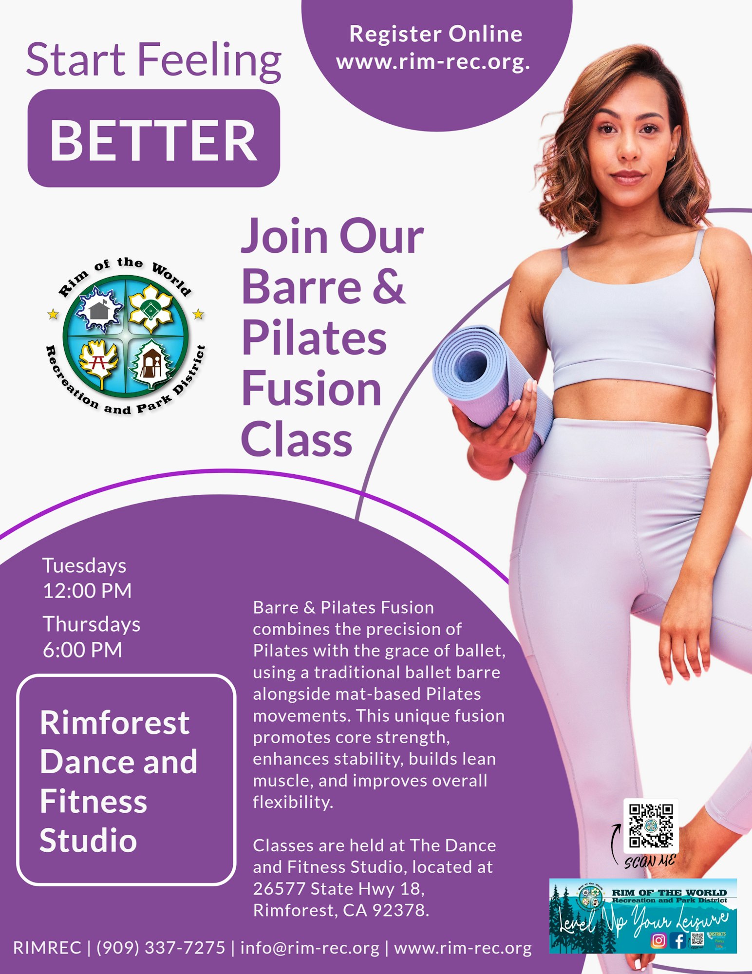 Promotion for Barre & Pilates Fusion classes at Rimforest Dance and Fitness Studio. Register at www.rim-rec.org.