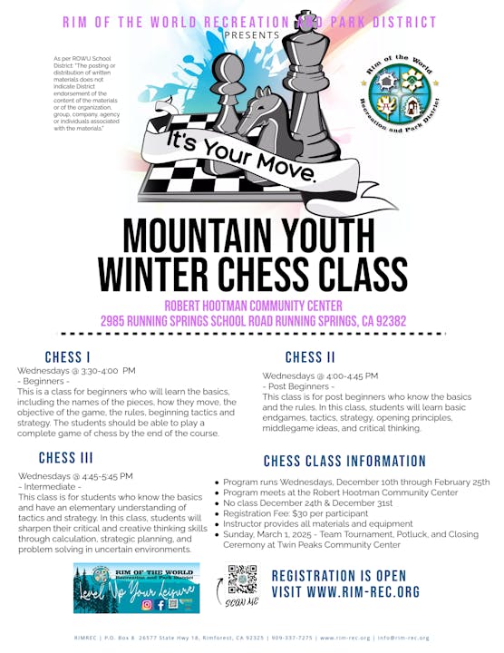 The image promotes a Mountain Youth Winter Chess Class with details on schedule, location, and registration. Classes range from beginner to intermediate levels.