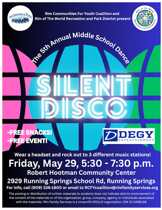 5th Annual Middle School Silent Disco on May 29, 5:30-7:30 PM at Robert Hootman Community Center. Free snacks! Free event!