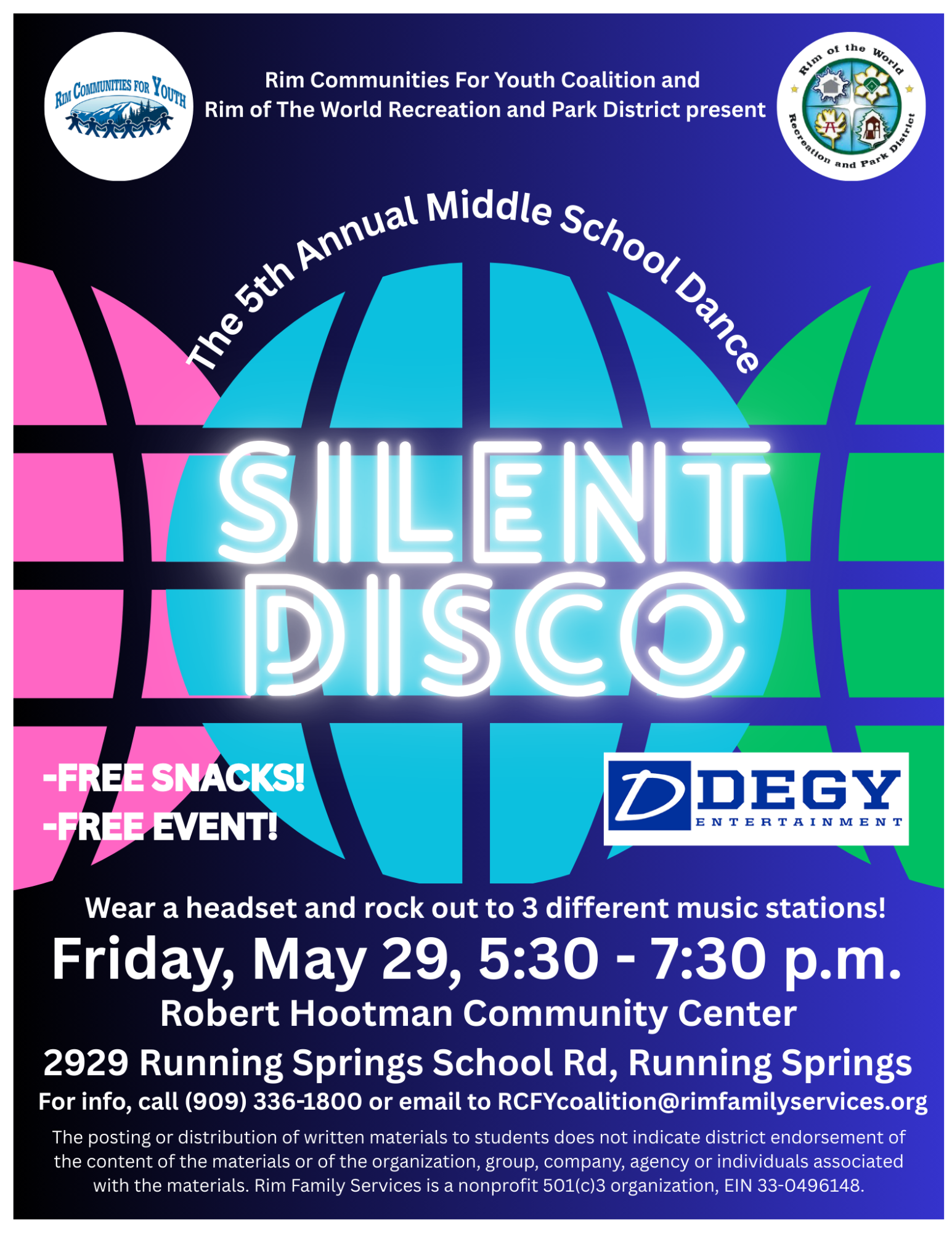 5th Annual Middle School Silent Disco on May 29, 5:30-7:30 PM at Robert Hootman Community Center. Free snacks! Free event!