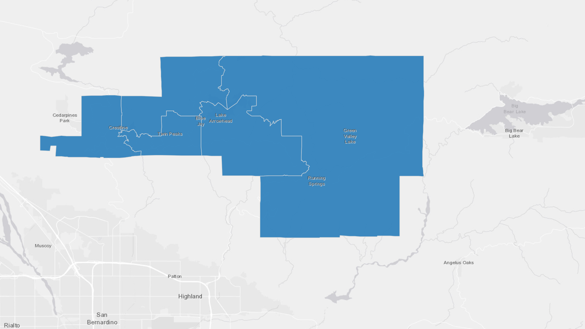The image shows a map section highlighting areas in San Bernardino County, California, including various lakes and towns.