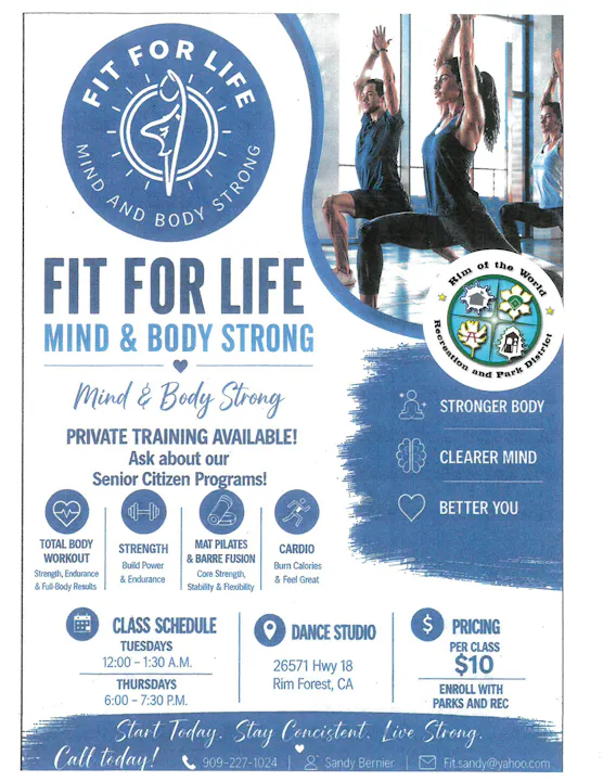Fitness program flyer promoting "Fit for Life" with classes focused on strength, cardio, and flexibility. Classes Tuesday/Thursday, $10 each.