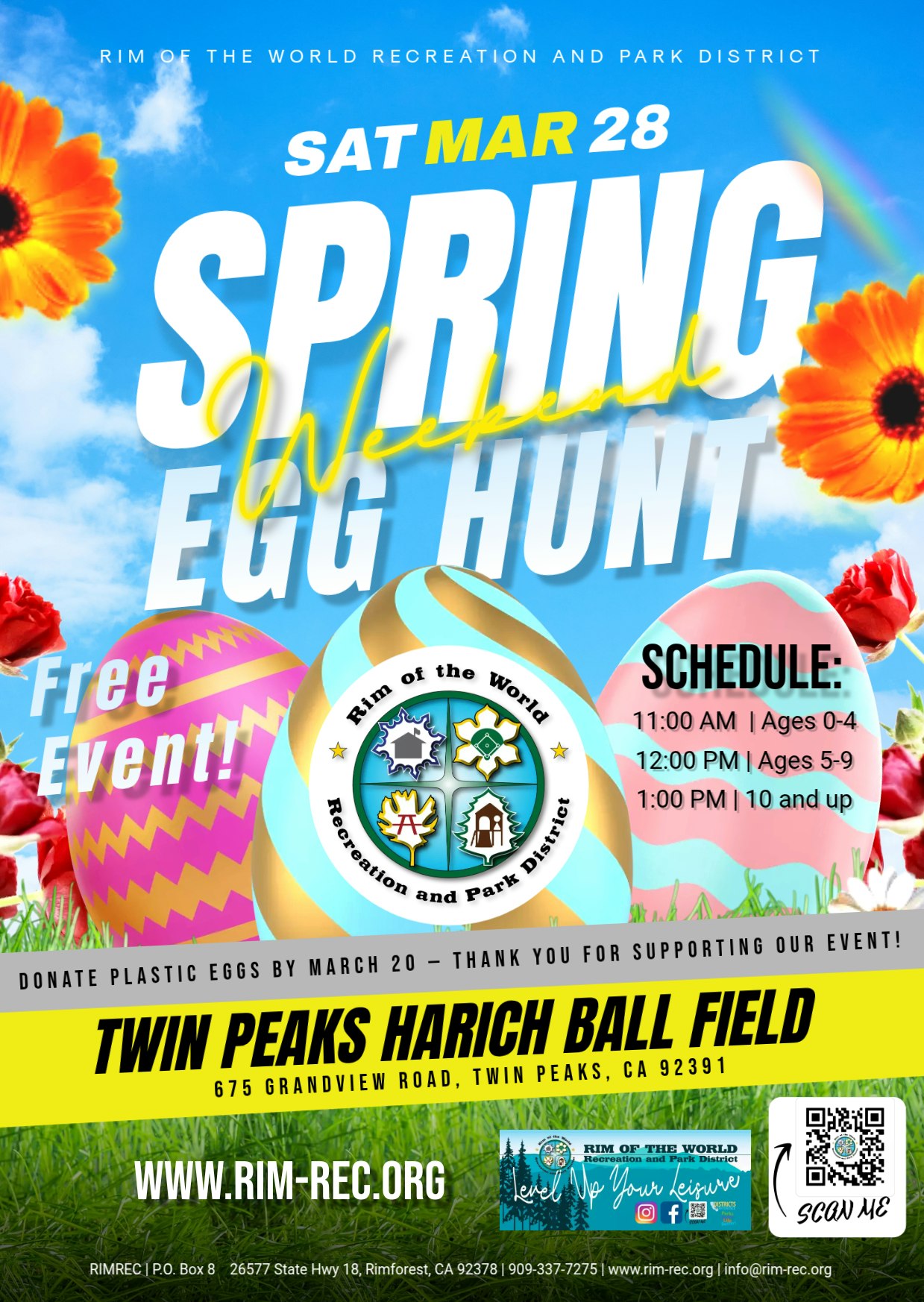 Spring Egg Hunt event on March 28 at Twin Peaks Harich Ball Field. Free, with schedules for different age groups.