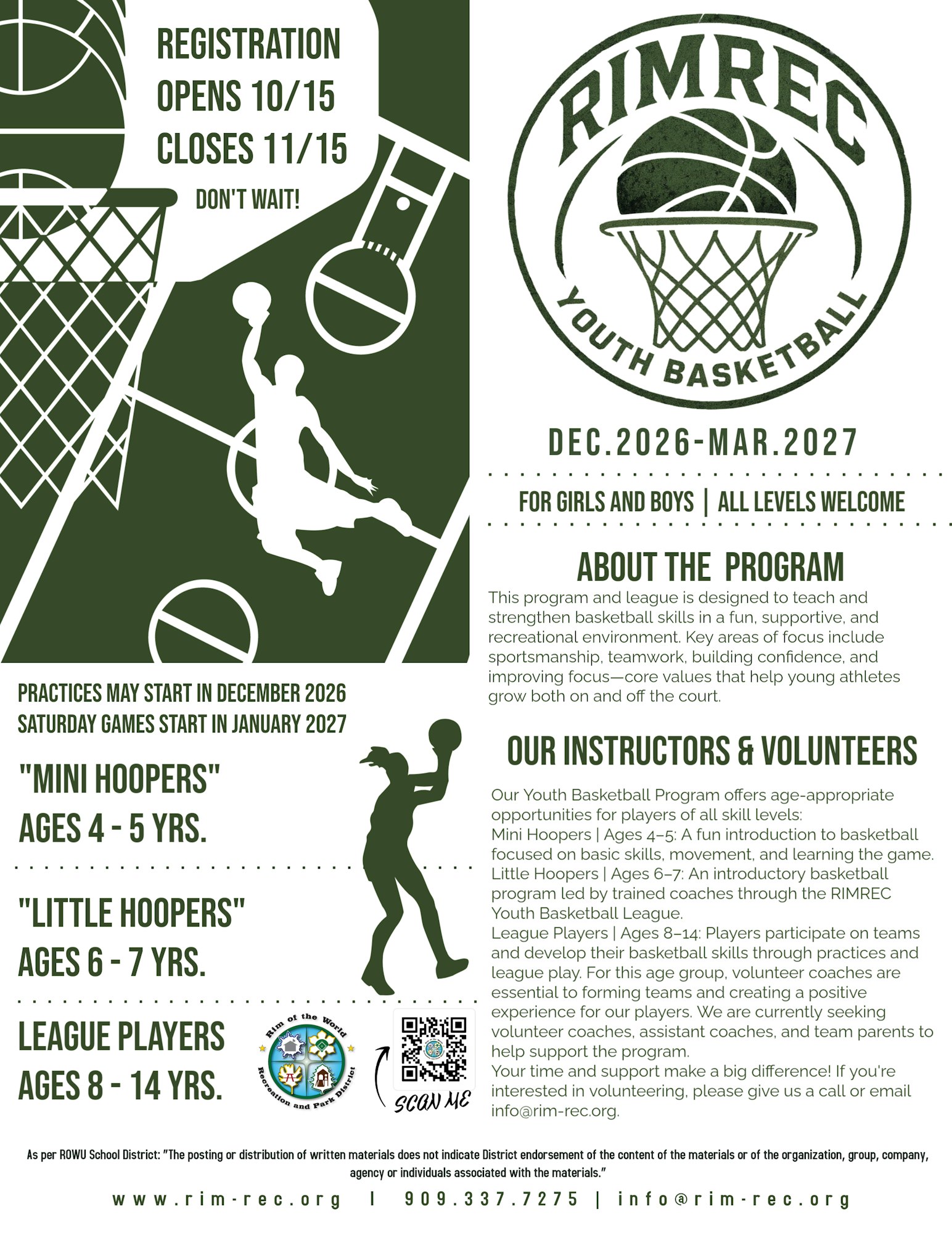 RIMREC Youth Basketball registration is 10/15-11/15 for ages 4-14, starting Dec 2026. Skills, teamwork, and fun included!