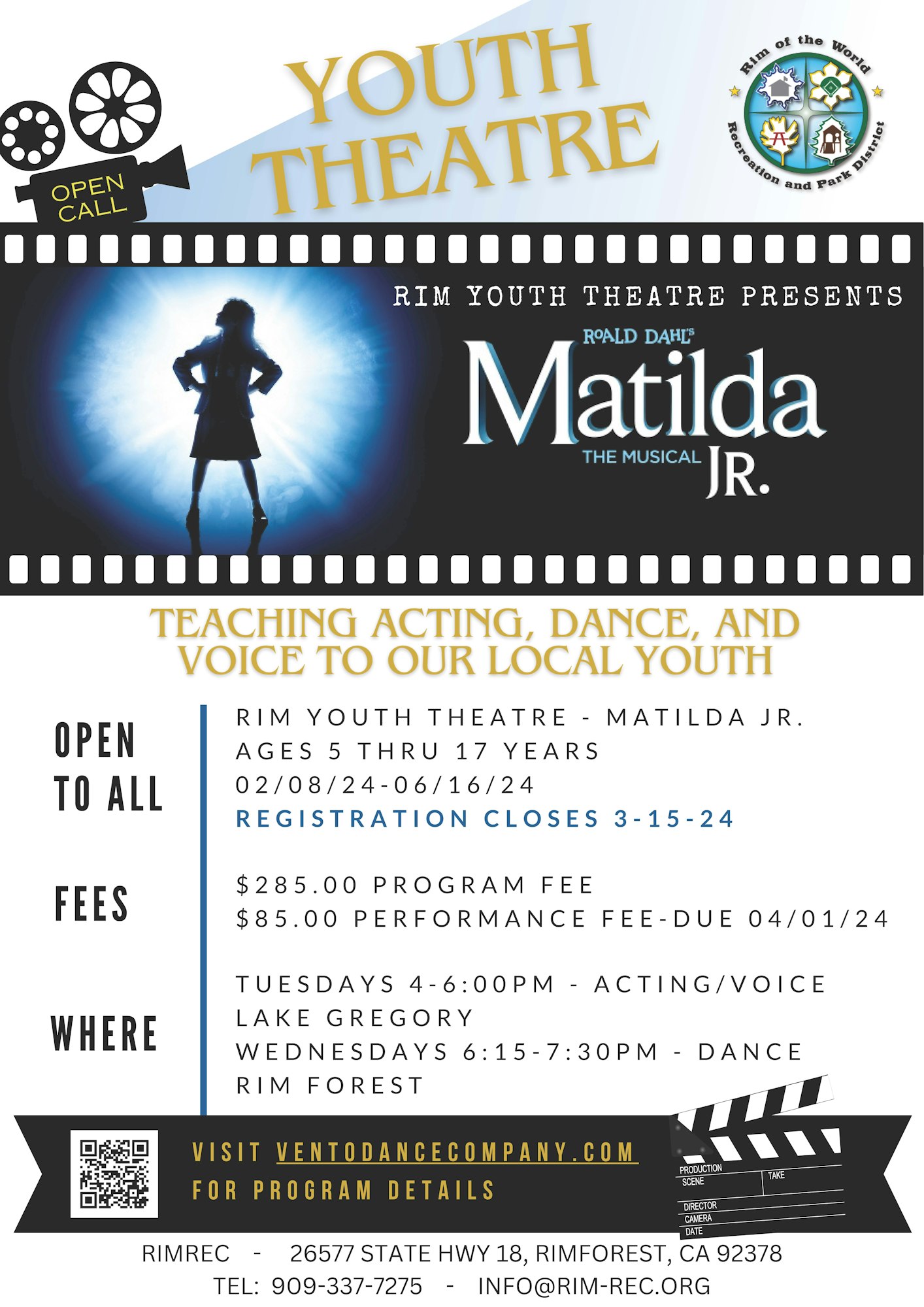 Flyer for a rim youth theatre program presenting "Matilda Jr." with audition details, fees, and contact information.