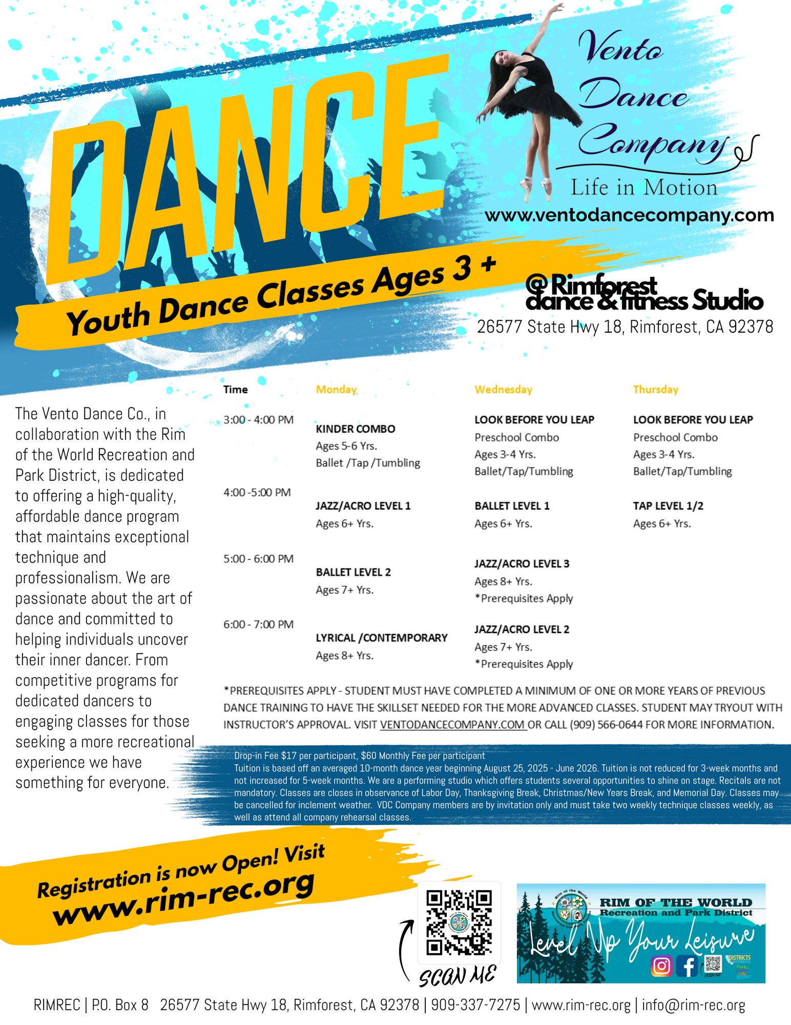 Youth dance classes for ages 3+ at Vento Dance Company, Rimforest, CA. Various styles available. Registration now open.
