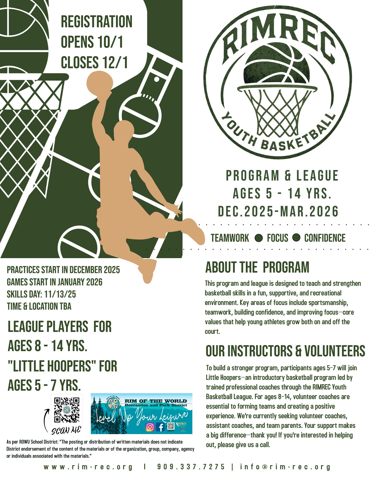 Basketball program for ages 5-14. Registration opens 10/1, closes 12/1. Program runs Dec. 2025-Mar. 2026. Teamwork, focus, confidence.