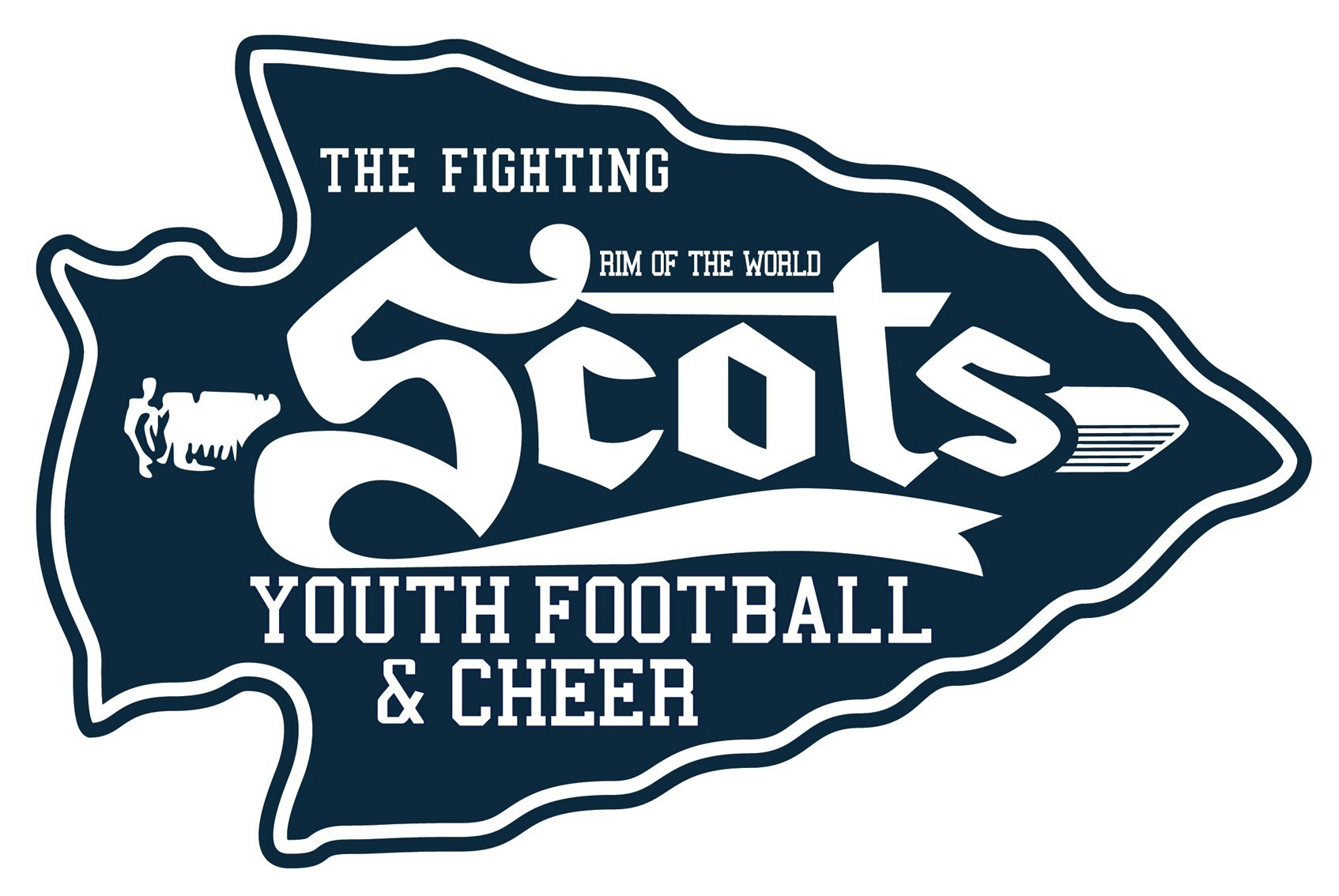 Logo for "The Fighting Scots Youth Football & Cheer" with a silhouette of a bagpiper and a football.
