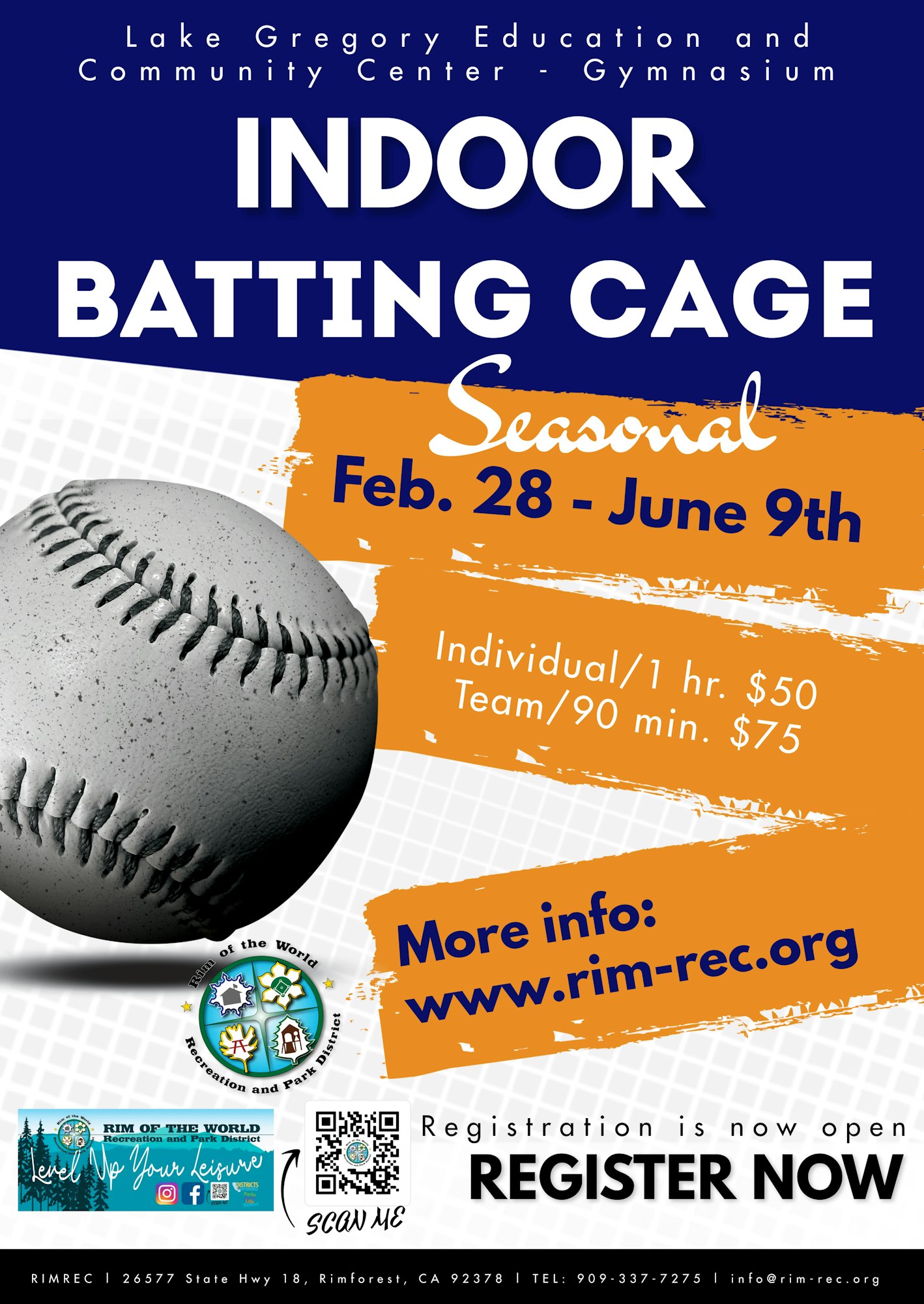 Poster for an indoor batting cage season from Feb. 28 to June 9th with registration details and prices.