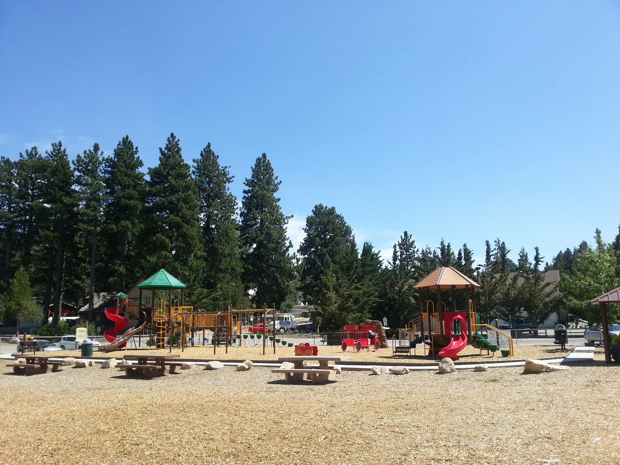 May contain: playground, play area, plant, and tree