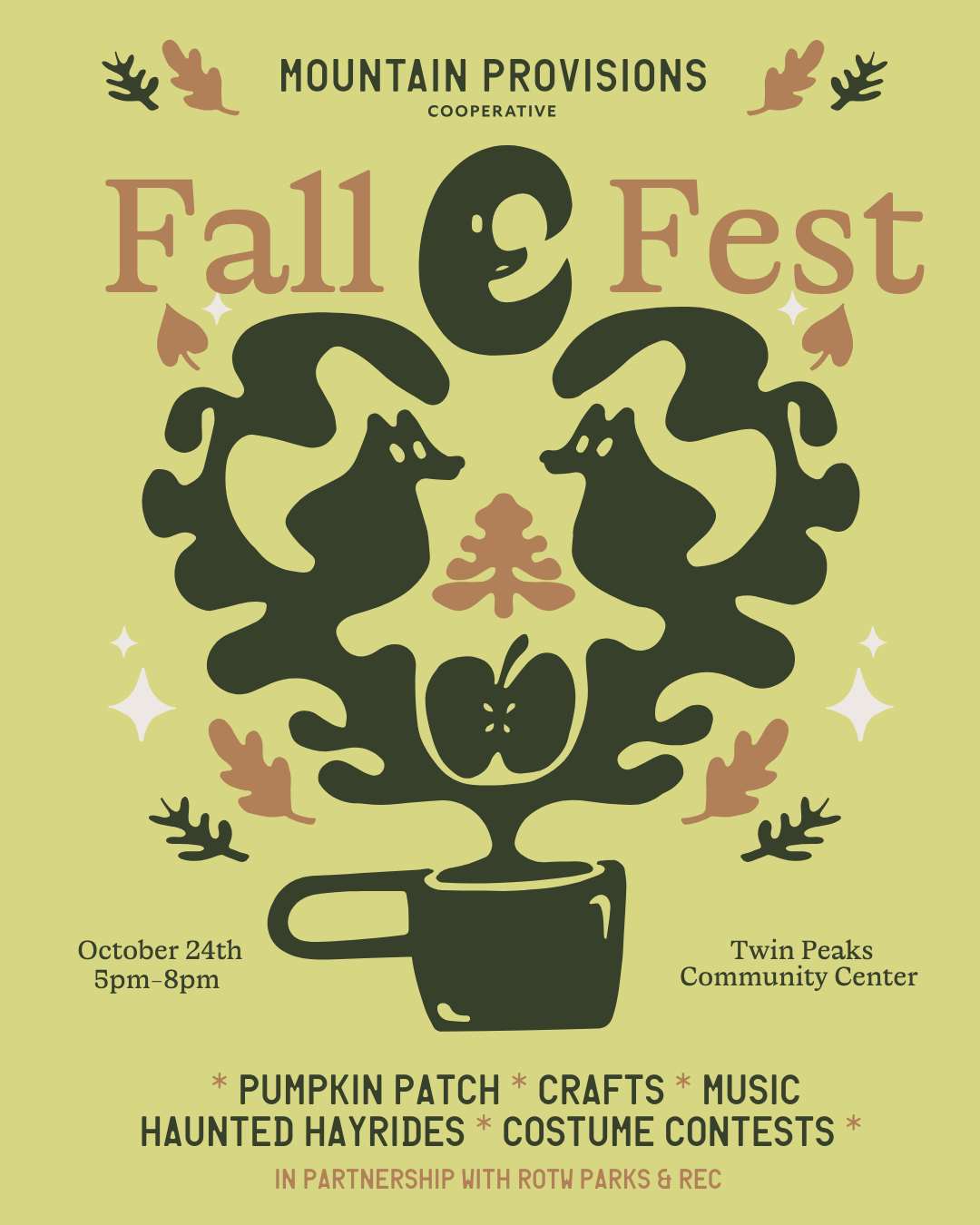 Fall Fest on October 24th, 5-8pm at Twin Peaks Community Center. Features pumpkin patch, crafts, music, hayrides, and contests.