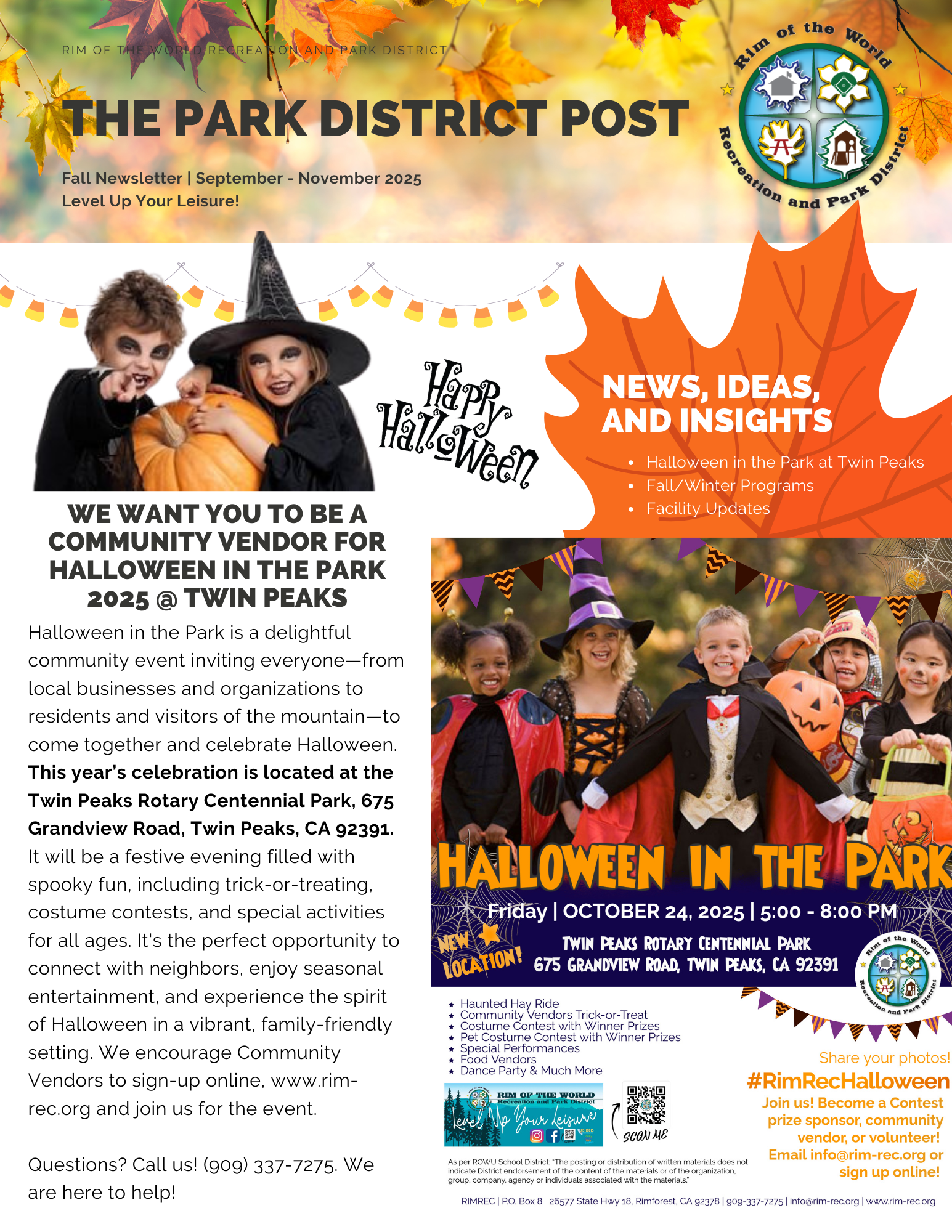 Flyer for "Halloween in the Park" 2025 at Twin Peaks. Includes event info, call for vendors, and contact details.