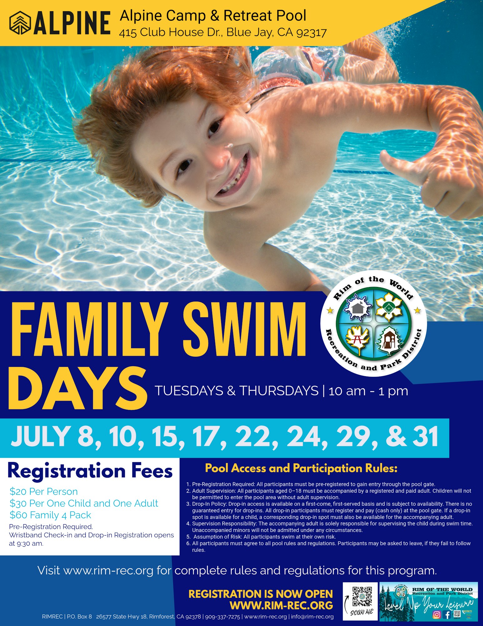 Child swimming underwater; advertisement for Family Swim Days, Tuesdays & Thursdays, July 8-31, Alpine Camp & Retreat Pool, Blue Jay, CA.