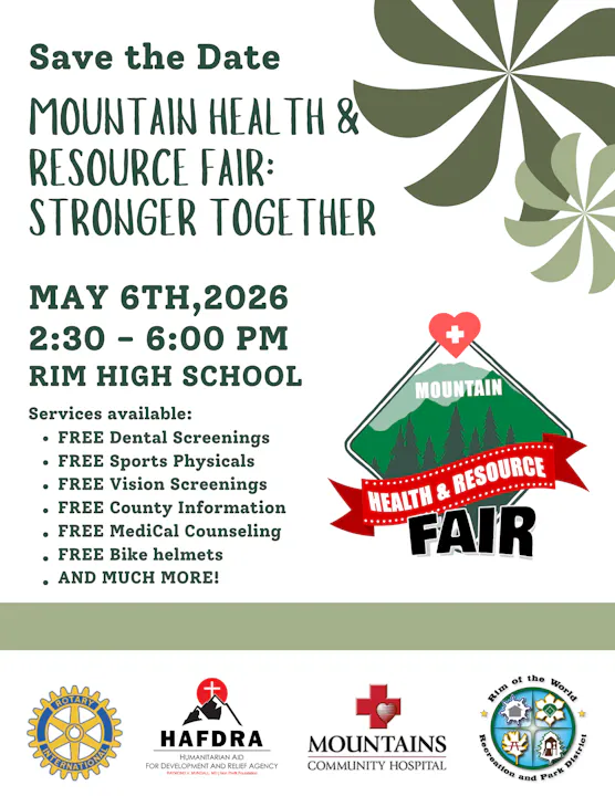 Mountain Health & Resource Fair on May 6, 2026, at Rim High School. Free services include screenings, counseling, and more!