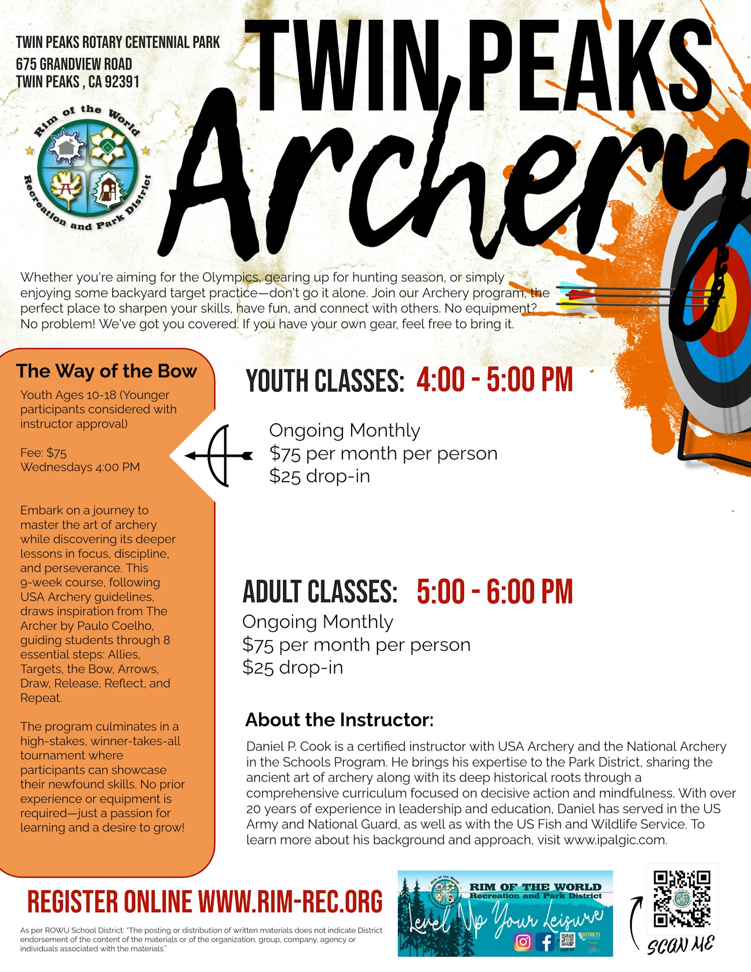 Twin Peaks Archery classes for youth and adults. Monthly fee: $75/person, $25 drop-in. Register online at www.rim-rec.org.