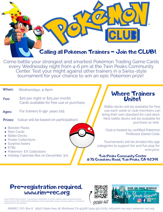 Join the Pokémon Club every Wednesday, 4-6 PM at Twin Peaks Community Center! Tournaments, prizes, and fun await trainers 6+.