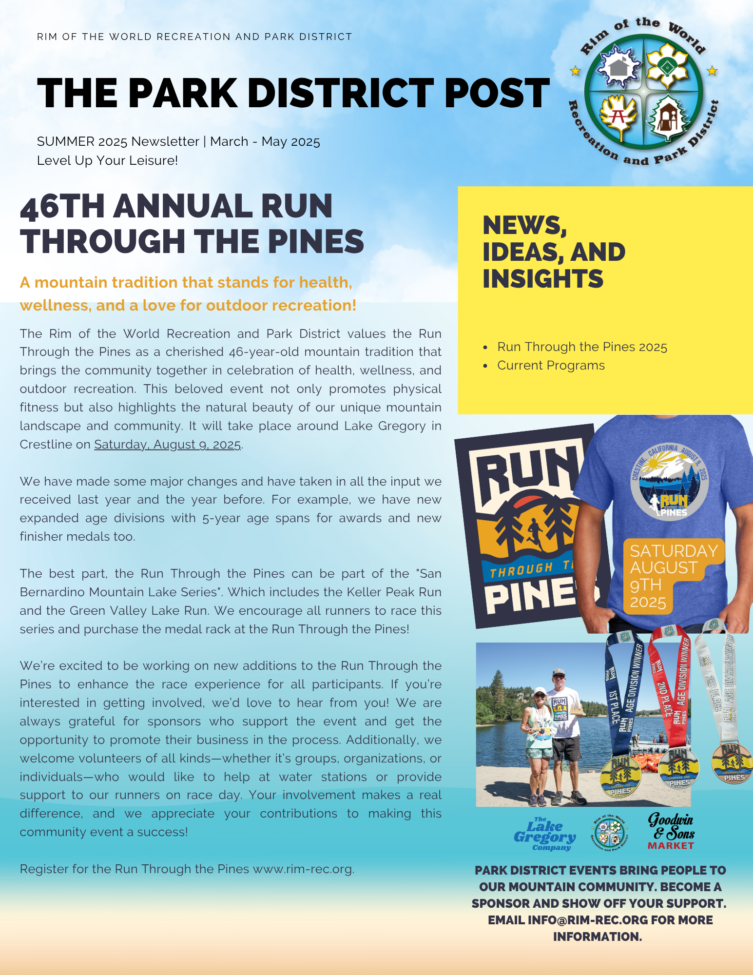 Newsletter for the 46th Annual Run Through the Pines event at Lake Gregory on August 9, 2025, promoting health and community.