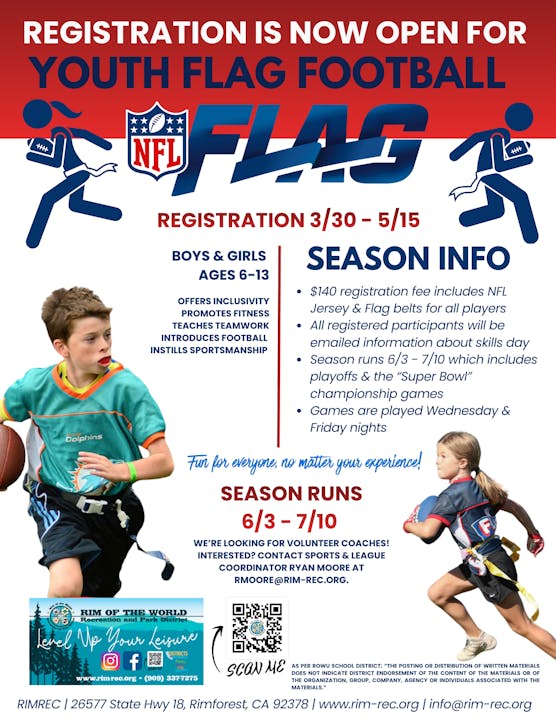 Youth NFL Flag Football registration is open from 3/30 to 5/15 for kids ages 6-13. Season runs 6/3 to 7/10. $140 fee.