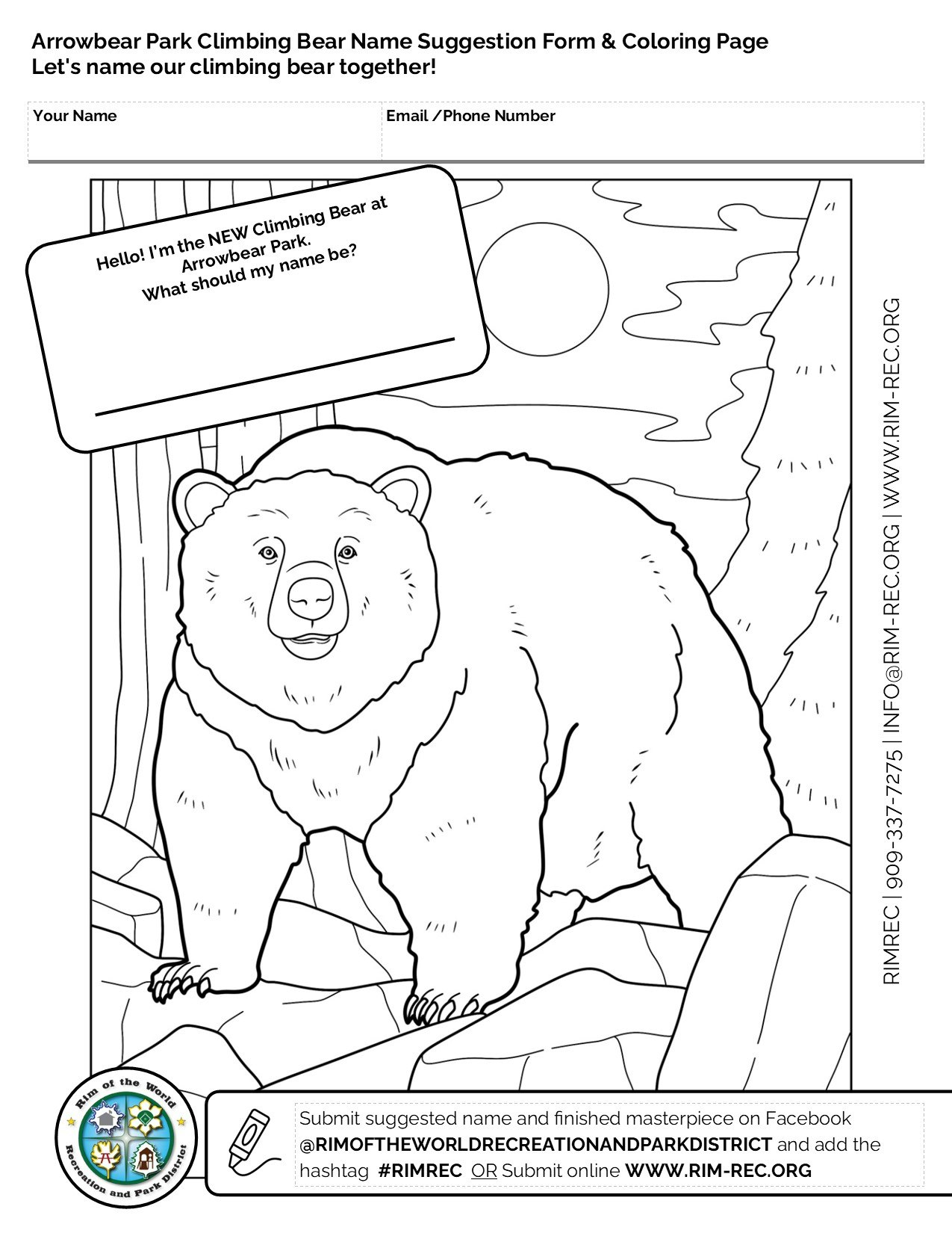 Coloring page with a bear asking for a name suggestion, including contact fields and submission instructions.