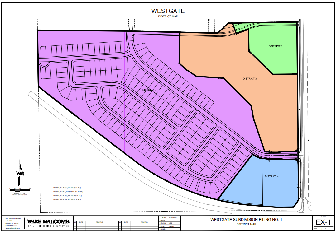 Map of Westgate Subdivision showing four districts in different colors.