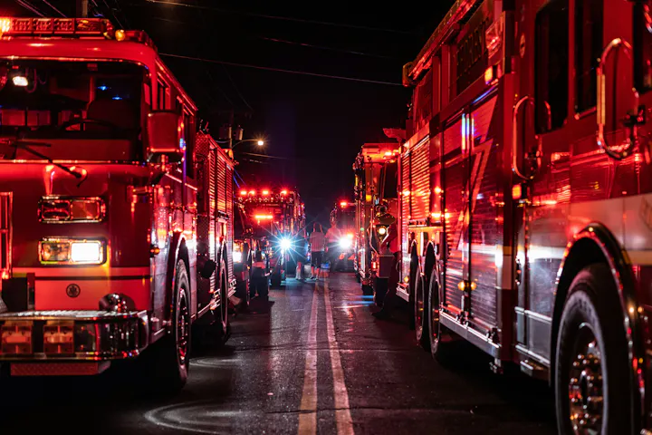 Fire trucks with flashing lights line a street at night.