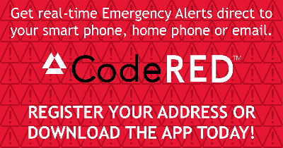 CodeRED alert system ad: "Get real-time Emergency Alerts. Register your address or download the app today!"