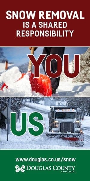 Snow removal ad: "You" shoveling snow, "Us" using a snow plow. Shared responsibility by Douglas County, Colorado.