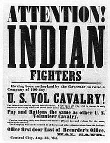Historical recruitment poster for U.S. Volunteer Cavalry seeking "Indian fighters" from August 1864, offering pay and rations.