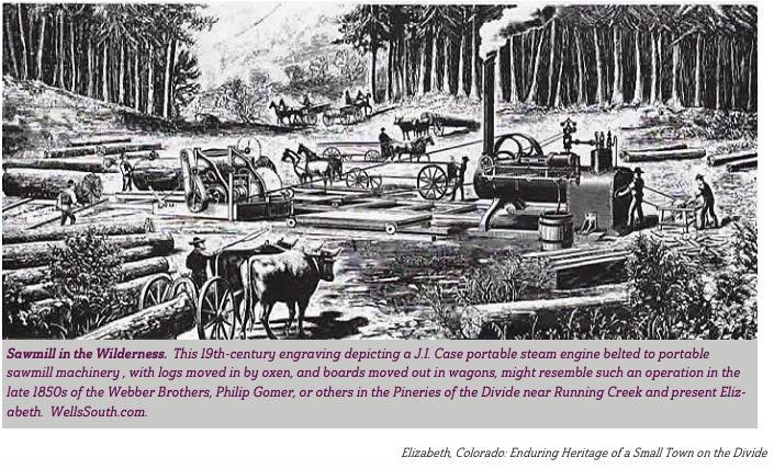 19th-century engraving of oxen, wagons, steam engine, and sawmill in the wilderness with logs and workers, depicting early logging operations.